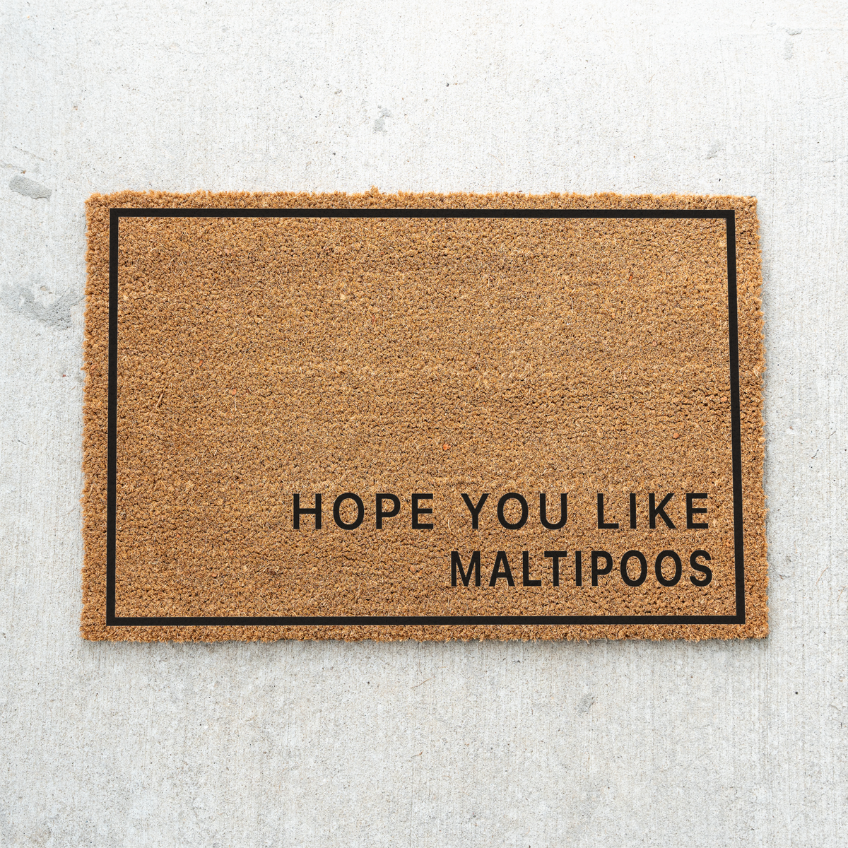 Hope You Like Maltipoos minimalist coir doormat with a thin black border on a concrete porch