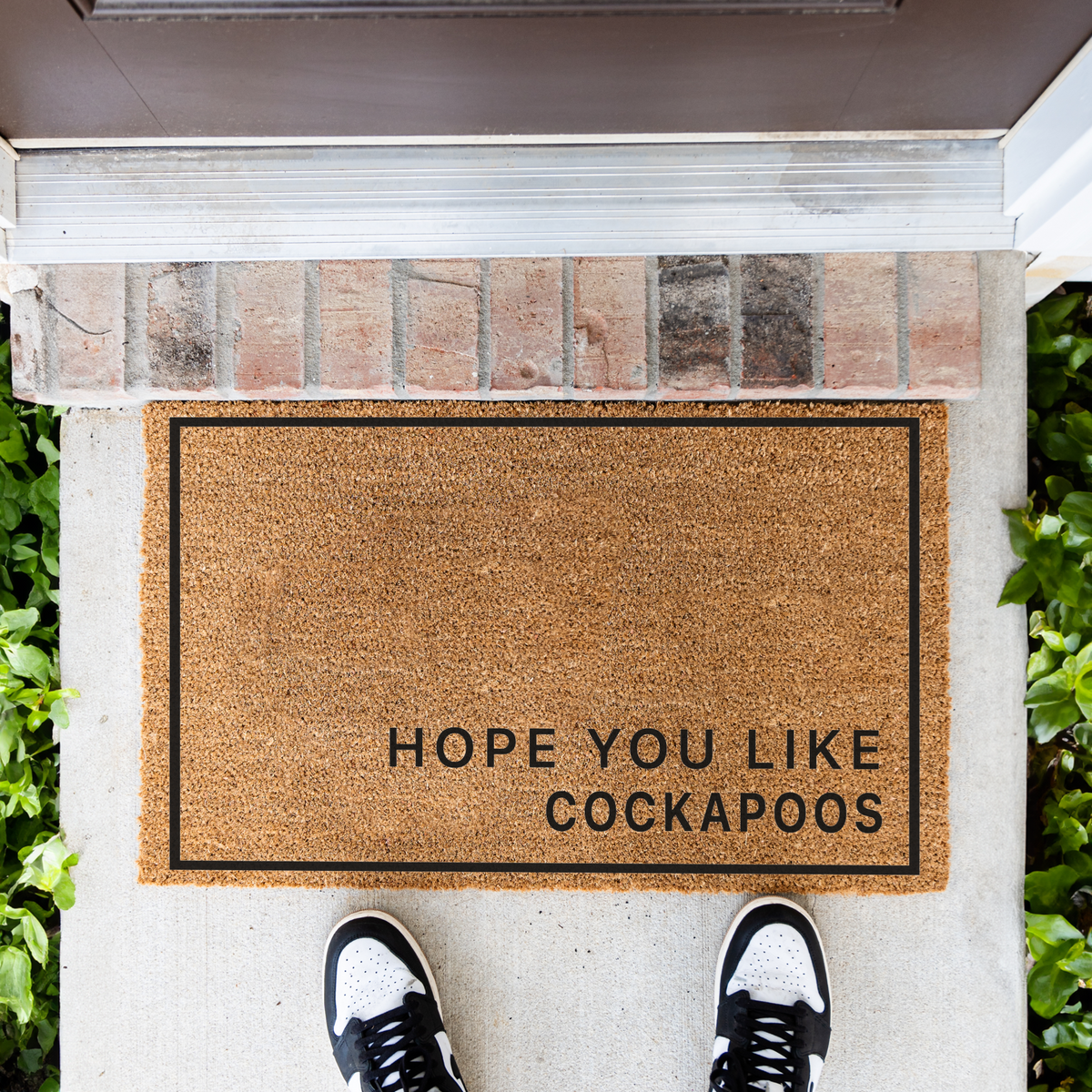 Hope You Like Cockapoos minimalist coir doormat with a thin black border on a front porch, top-down view