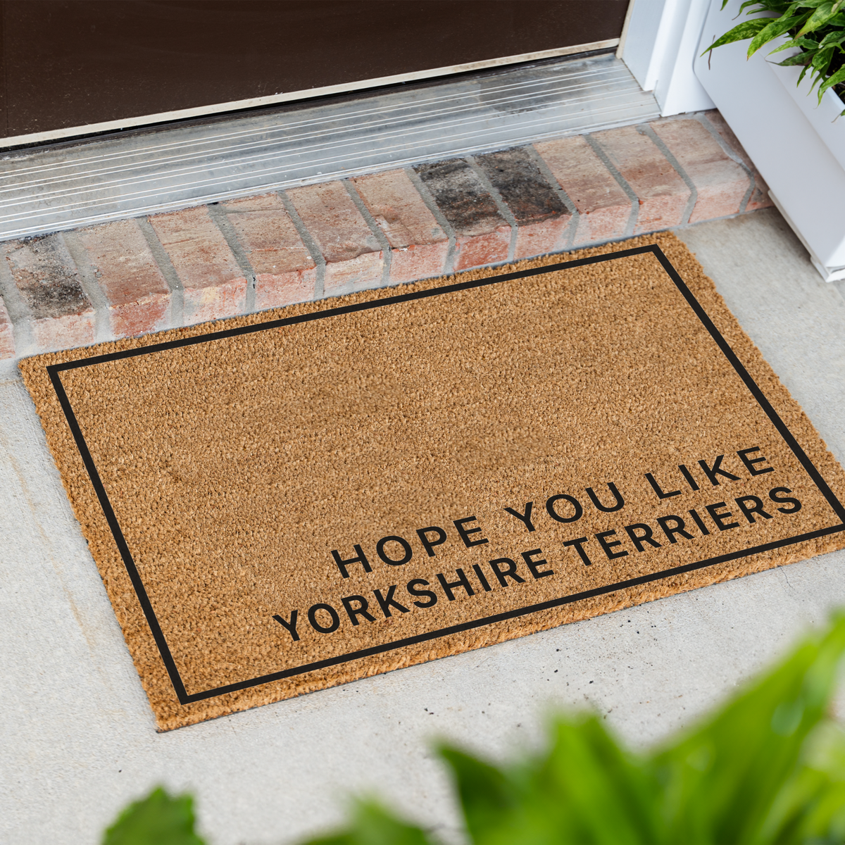 Hope You Like Yorkshire Terriers minimalist coir doormat with a thin black border at an angle in front of a brick step