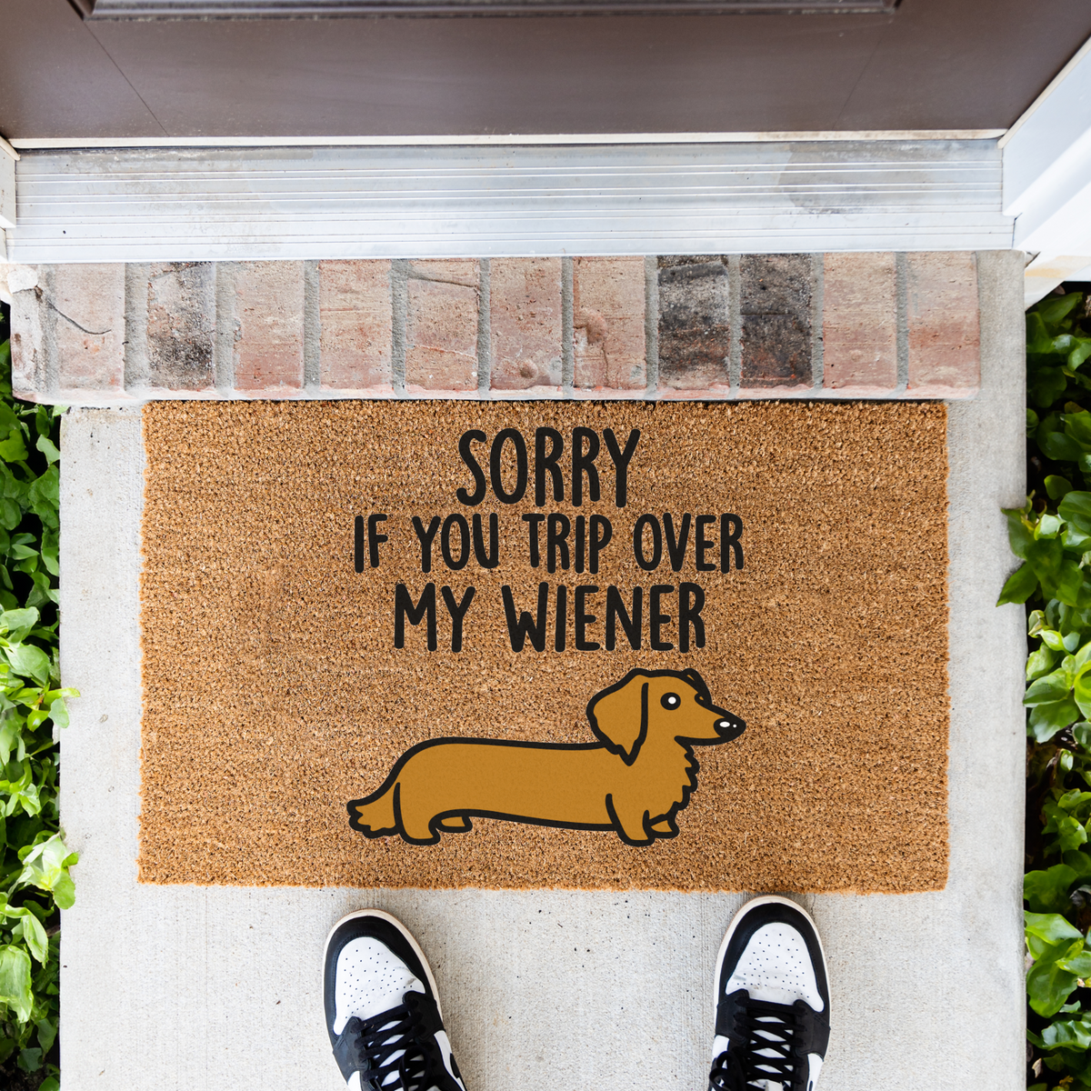 Sorry If You Trip Over My Wiener dachshund coir doormat in front of a brick step, top-down view