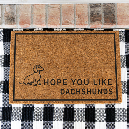 Hope You Like Dachshunds coir doormat with a drawing of a sitting dachshund on a black and white buffalo check rug, close view