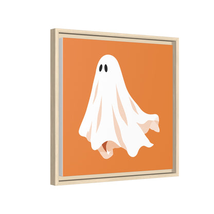 Side view of the orange ghost canvas print showing the floating natural frame