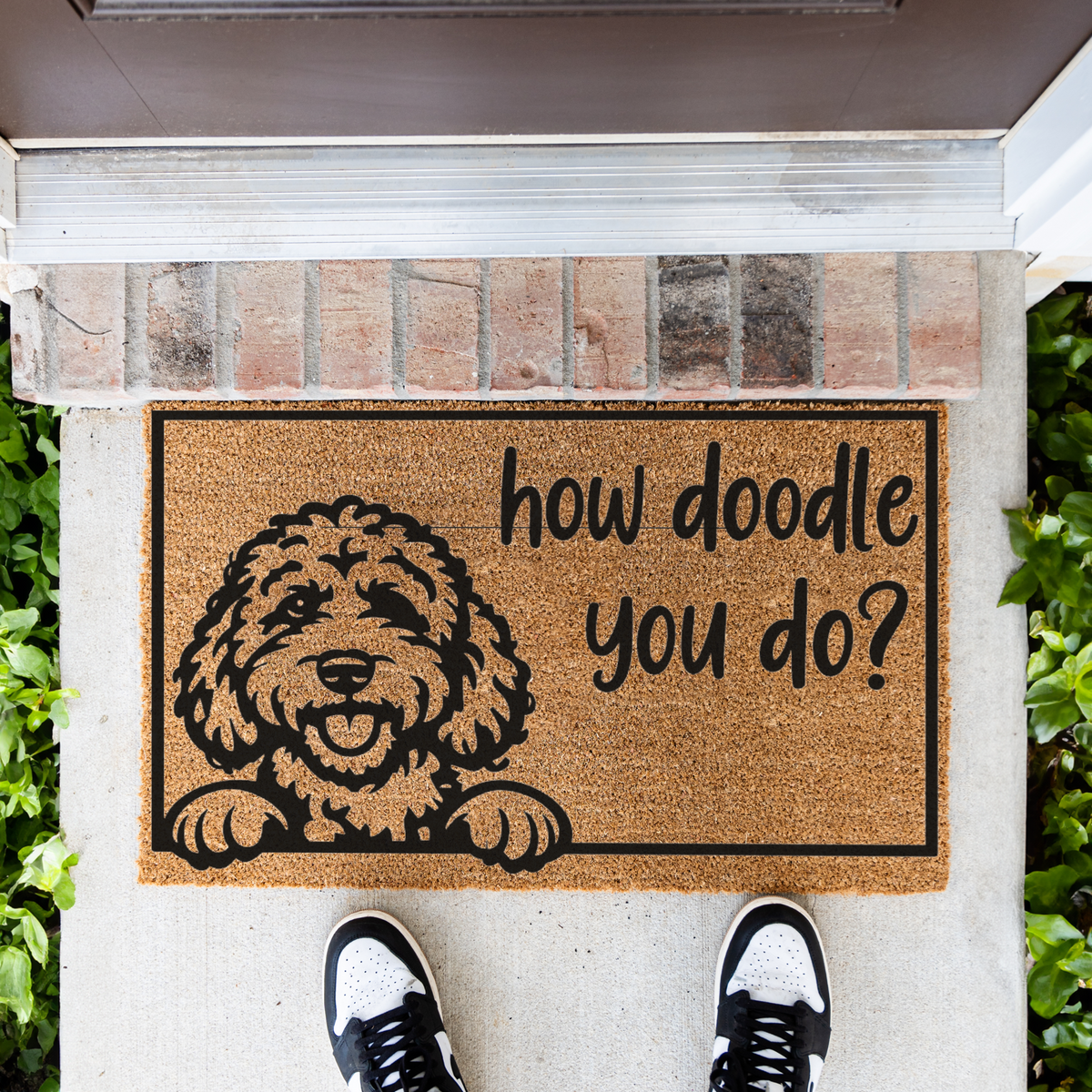 How Doodle You Do goldendoodle coir doormat with a peeking doodle