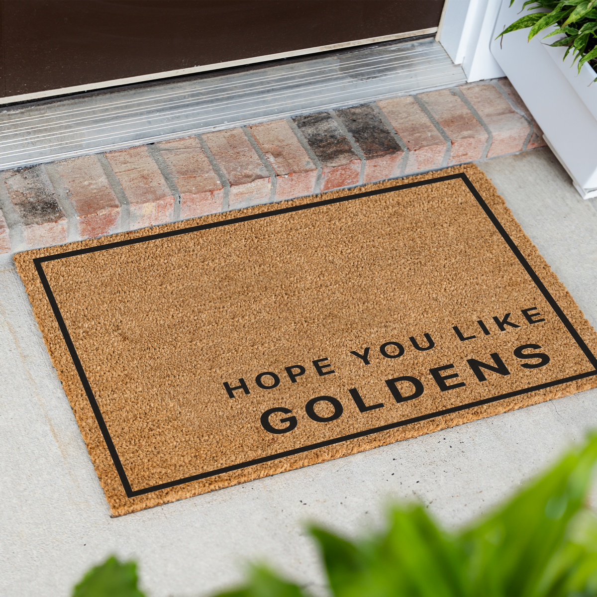 Hope You Like Goldens minimalist coir doormat with a black border