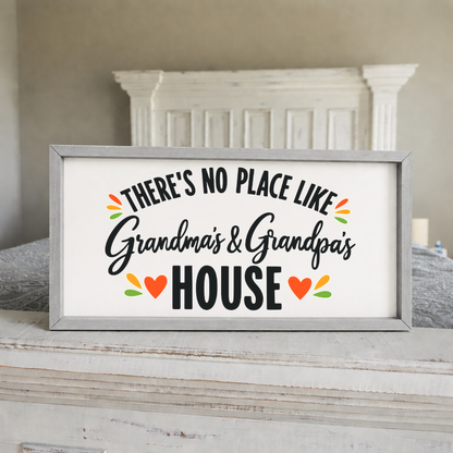There's No Place Like Grandma's & Grandpa's House wide framed sign with a grey frame on a white mantel