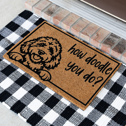 How Doodle You Do goldendoodle coir doormat with a peeking doodle