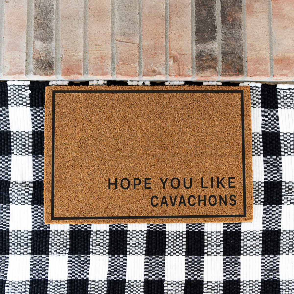 Hope You Like Cavachons minimalist coir doormat with a thin black border on a black and white buffalo check rug at a brick step