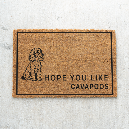 Hope You Like Cavapoos coir doormat with a drawing of a sitting Cavapoo flat on a concrete porch, top-down view