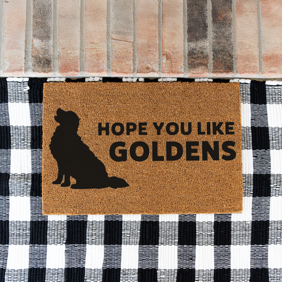 Hope You Like Goldens coir door mat with a golden retriever silhouette