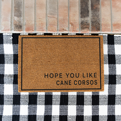 Hope You Like Cane Corsos minimalist coir doormat with a thin black border on a black and white buffalo check rug at a brick step