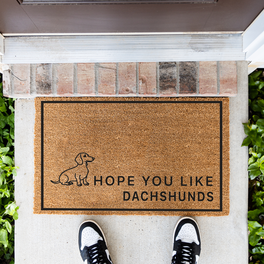 Hope You Like Dachshunds coir doormat with a drawing of a sitting dachshund in front of a brick step, top-down view with sneakers