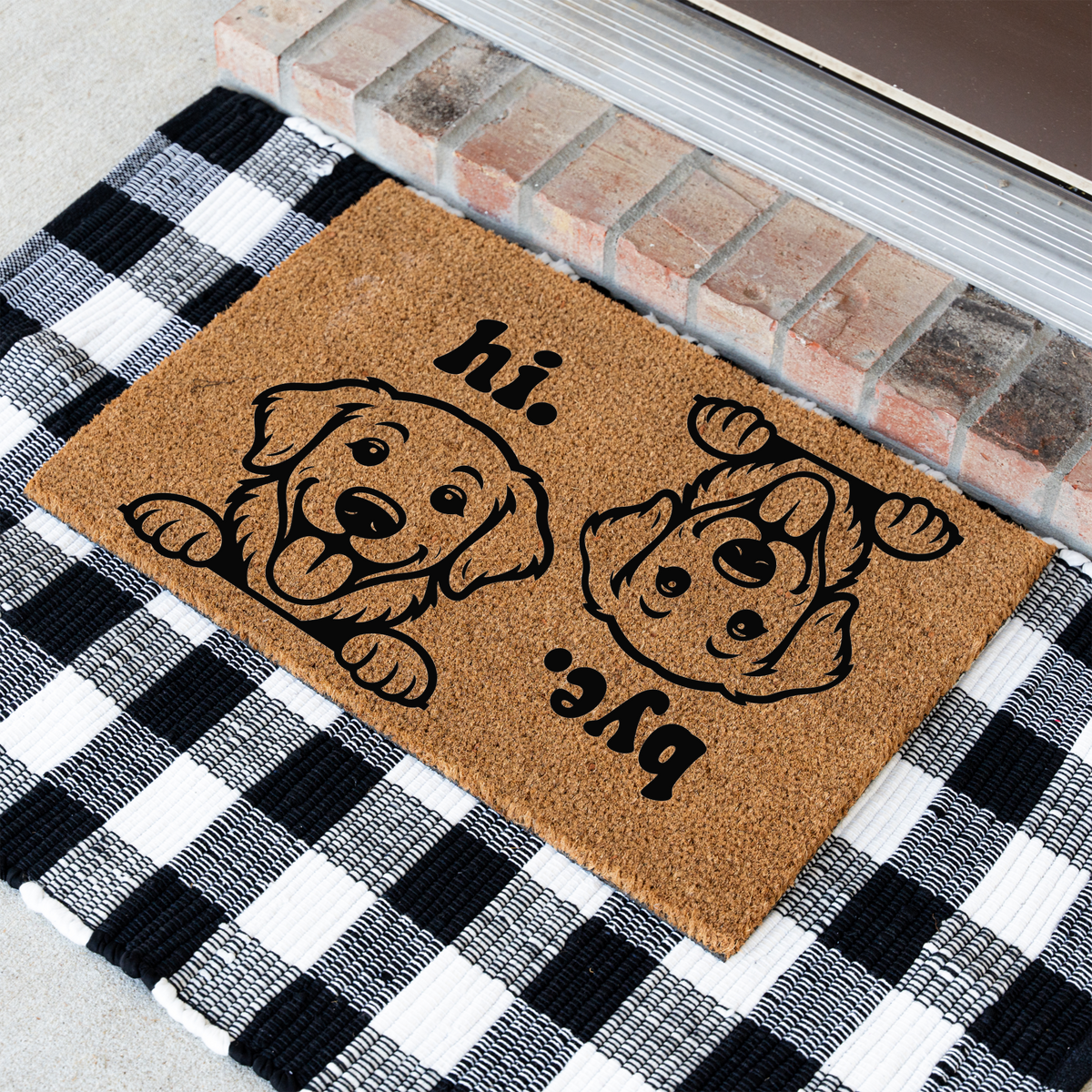 Hi Bye dog coir doormat at an angle on a black and white buffalo check rug