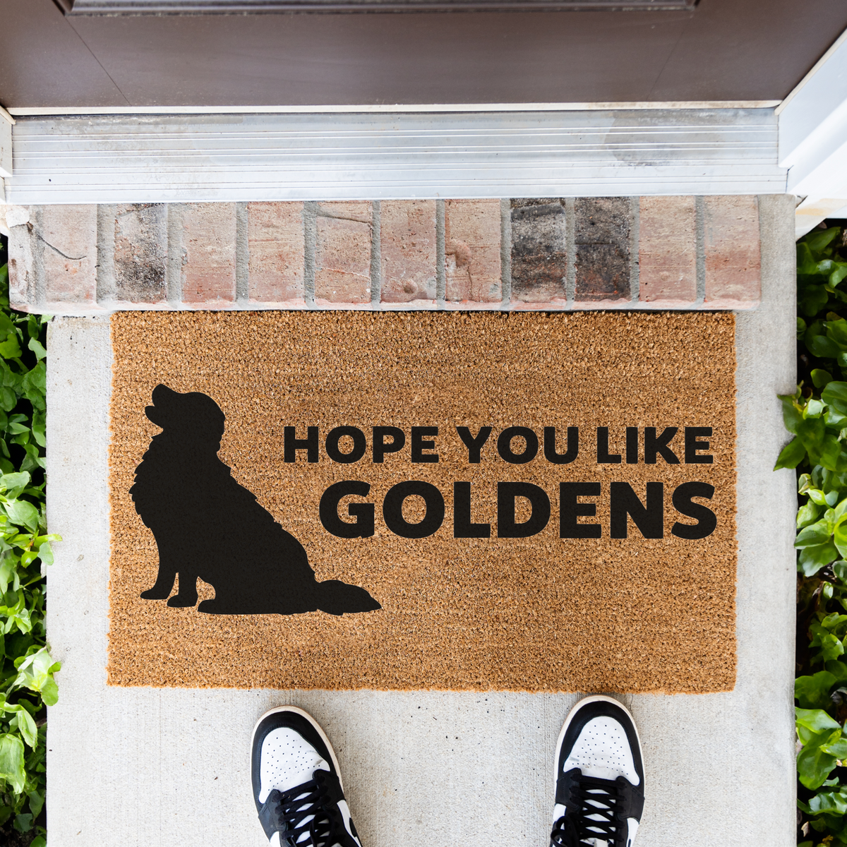 Hope You Like Goldens coir door mat with a golden retriever silhouette