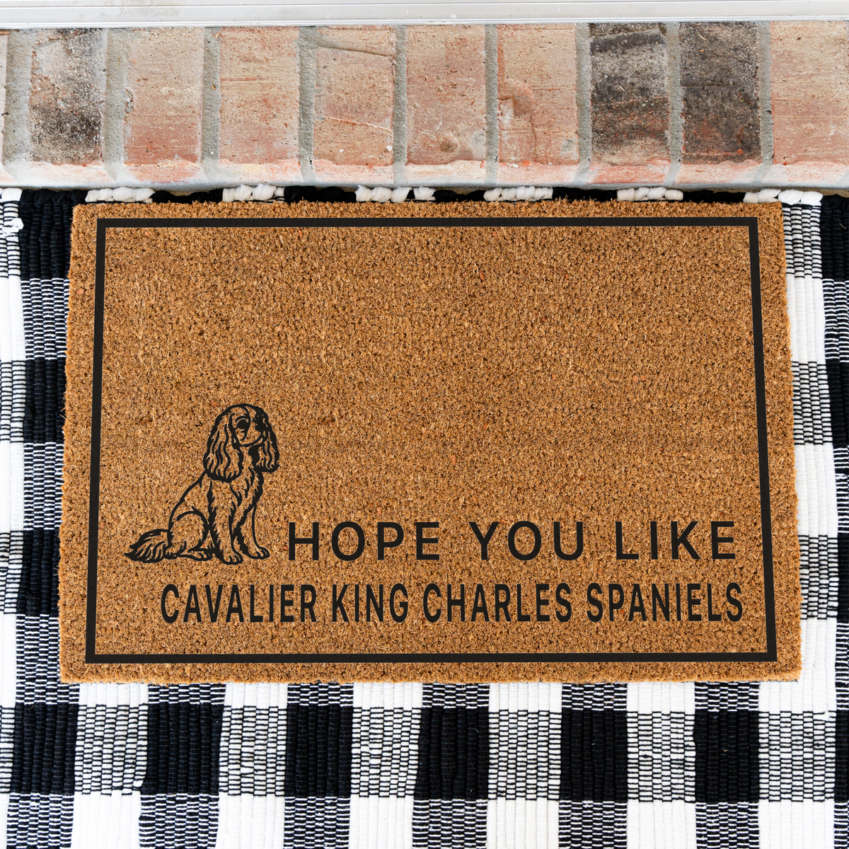 Hope You Like Cavalier King Charles Spaniels coir doormat with a drawing of a sitting Cavalier King Charles spaniel on a black and white buffalo check rug, close view