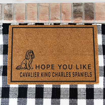 Hope You Like Cavalier King Charles Spaniels coir doormat with a drawing of a sitting Cavalier King Charles spaniel on a black and white buffalo check rug, close view