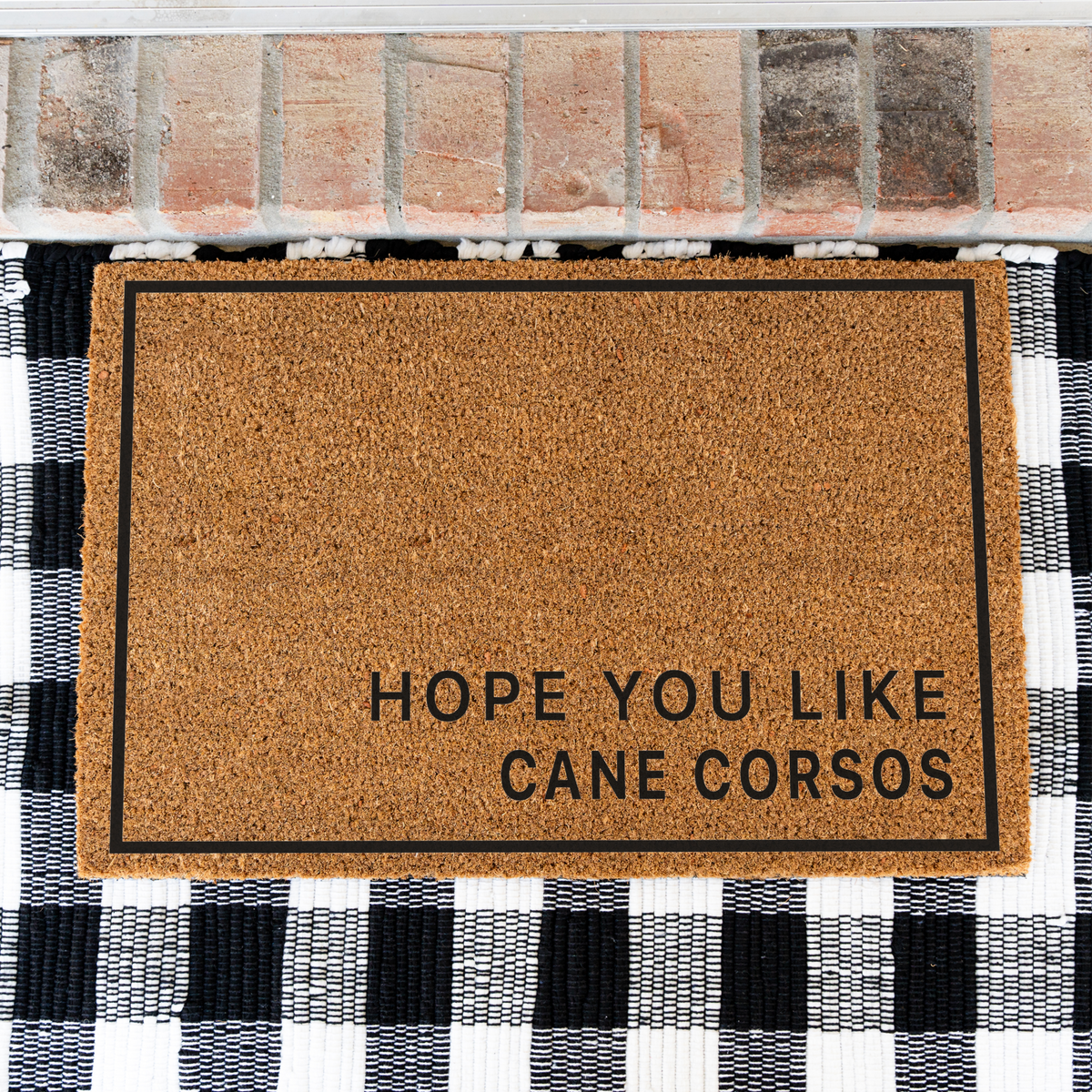 Hope You Like Cane Corsos minimalist coir doormat with a thin black border on a black and white buffalo check rug, close view