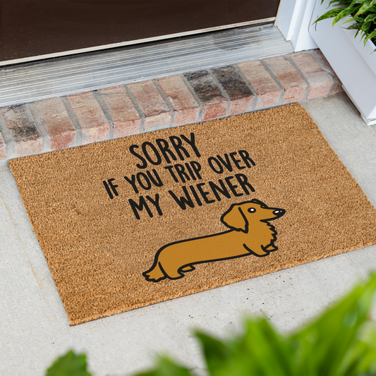 Sorry If You Trip Over My Wiener dachshund coir doormat at an angle on a front porch by a brick step