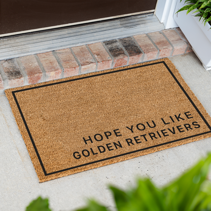 Hope You Like Golden Retrievers minimalist coir doormat with a black border