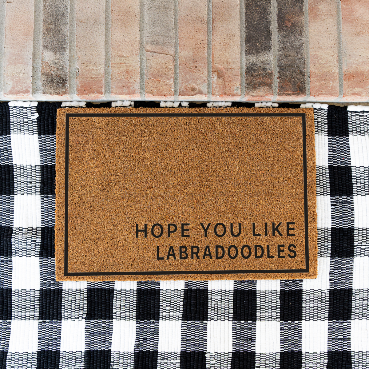 Hope You Like Labradoodles minimalist coir doormat with a thin black border on a black and white buffalo check rug at a brick step