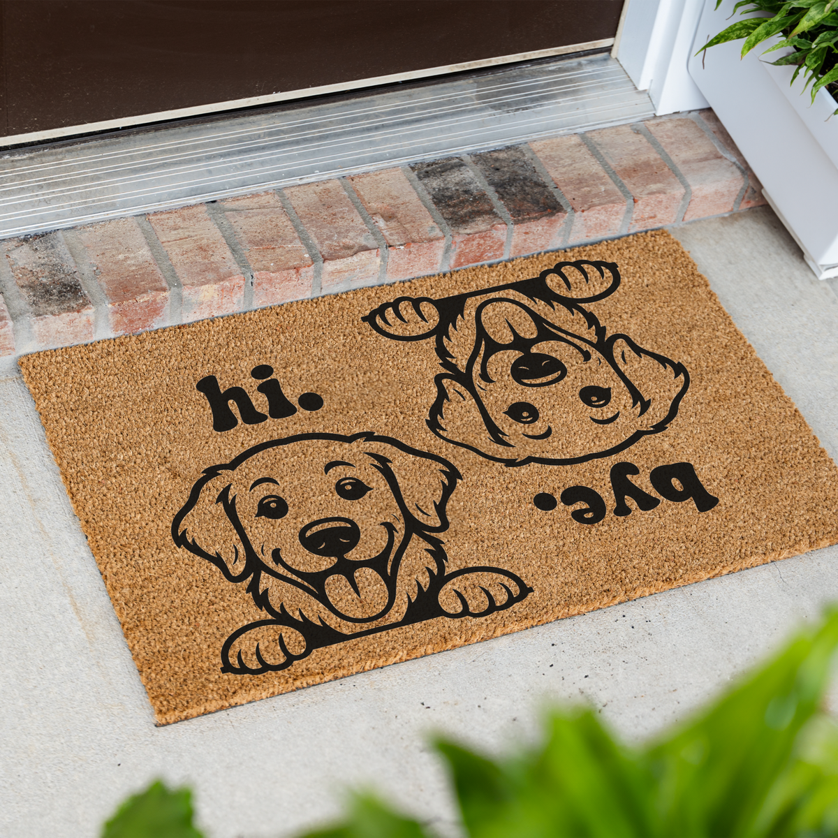 Hi Bye dog coir doormat at an angle in front of a brick step