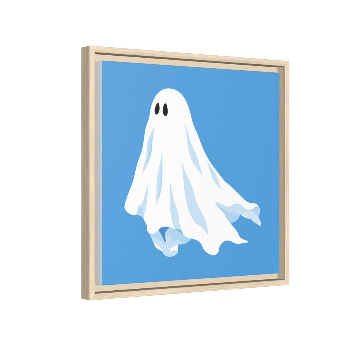 Side view of the blue ghost canvas print showing the floating natural frame