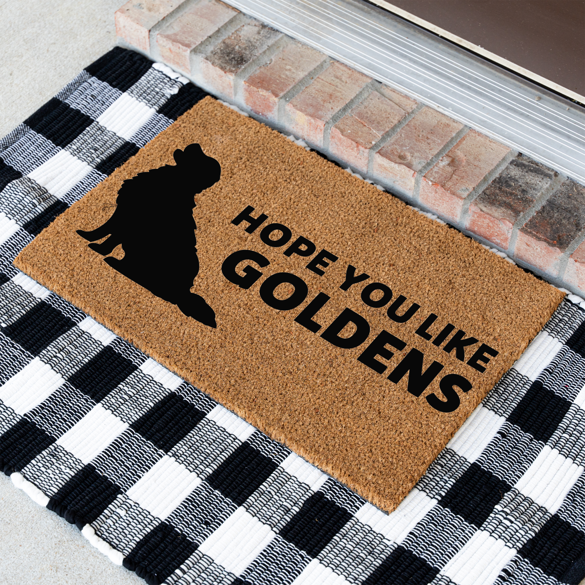 Hope You Like Goldens coir door mat with a golden retriever silhouette
