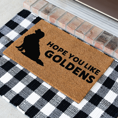 Hope You Like Goldens coir door mat with a golden retriever silhouette