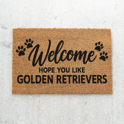 Welcome Hope You Like Golden Retrievers coir welcome mat with paw prints