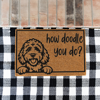 How Doodle You Do goldendoodle coir doormat with a peeking doodle