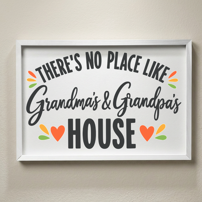 There's No Place Like Grandma's & Grandpa's House framed sign with a white frame hanging on a beige wall