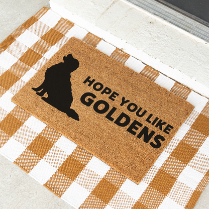 Hope You Like Goldens coir door mat with a golden retriever silhouette