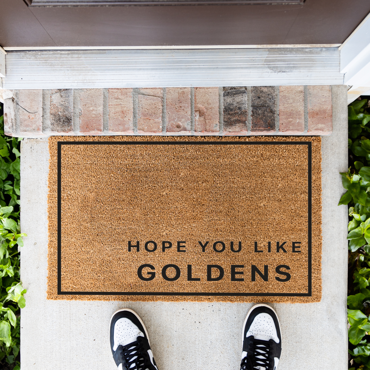 Hope You Like Goldens minimalist coir doormat with a black border