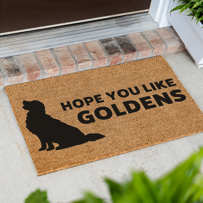 Hope You Like Goldens coir door mat with a golden retriever silhouette