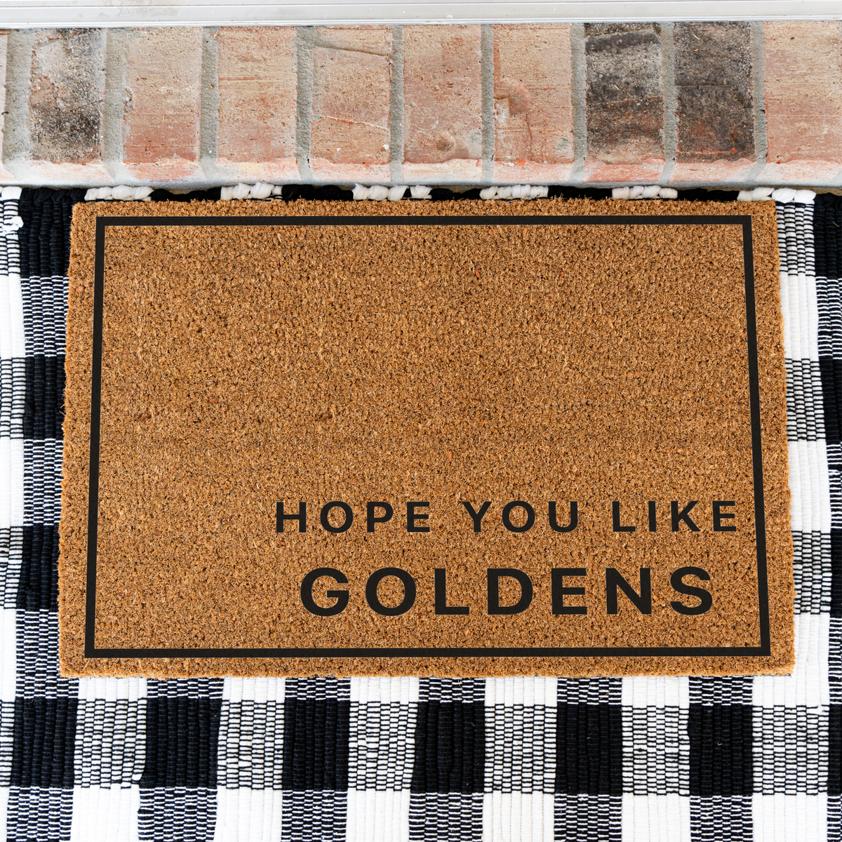 Hope You Like Goldens minimalist coir doormat with a black border