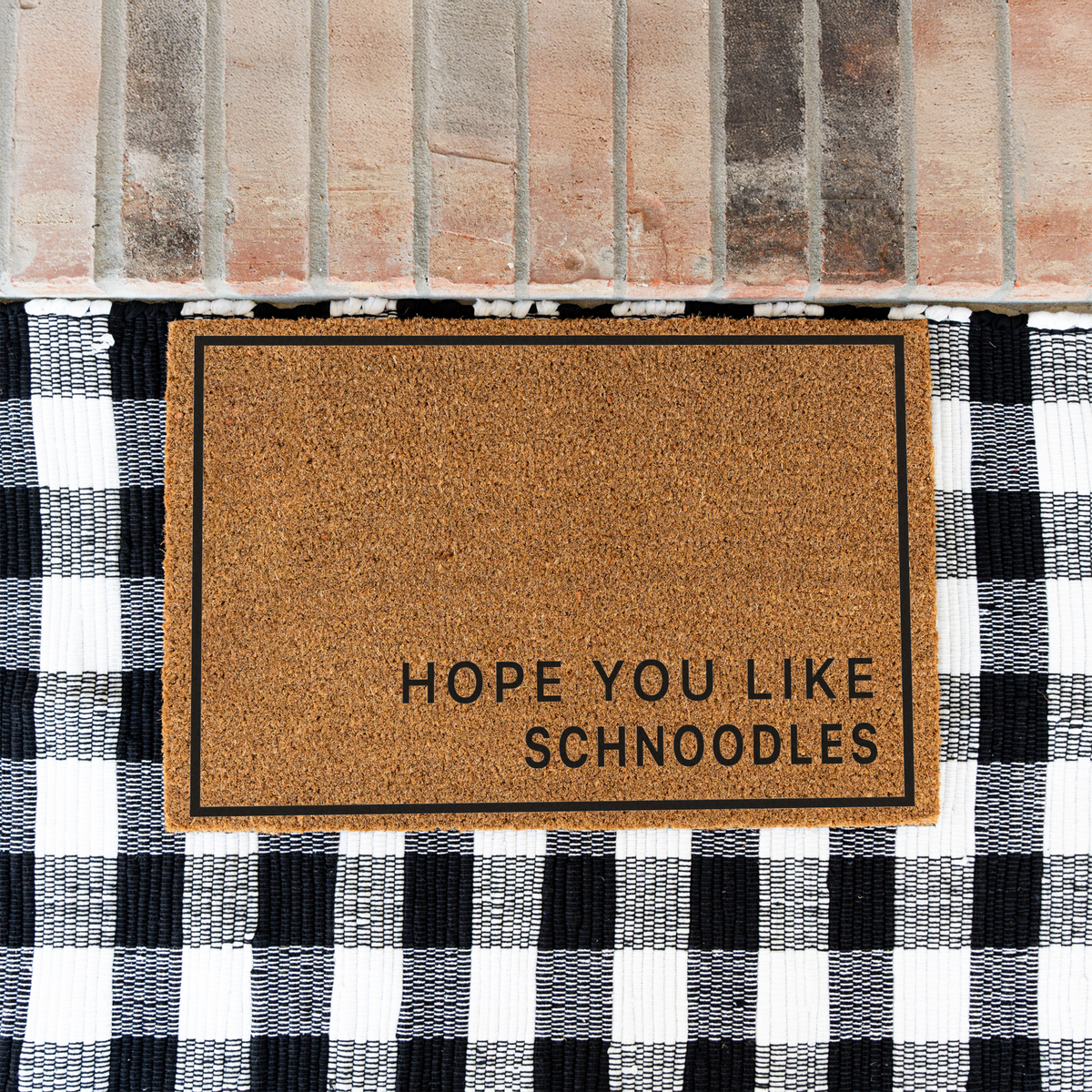 Hope You Like Schnoodles minimalist coir doormat with a thin black border on a black and white buffalo check rug at a brick step