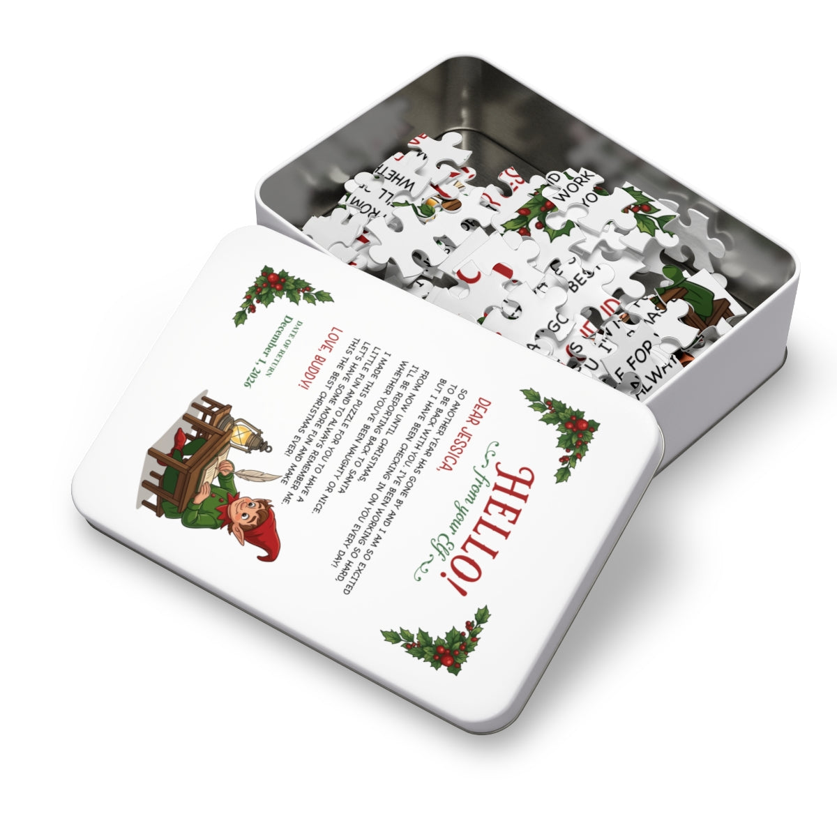 Personalized elf letter puzzle in a white metal tin box, design printed on the lid