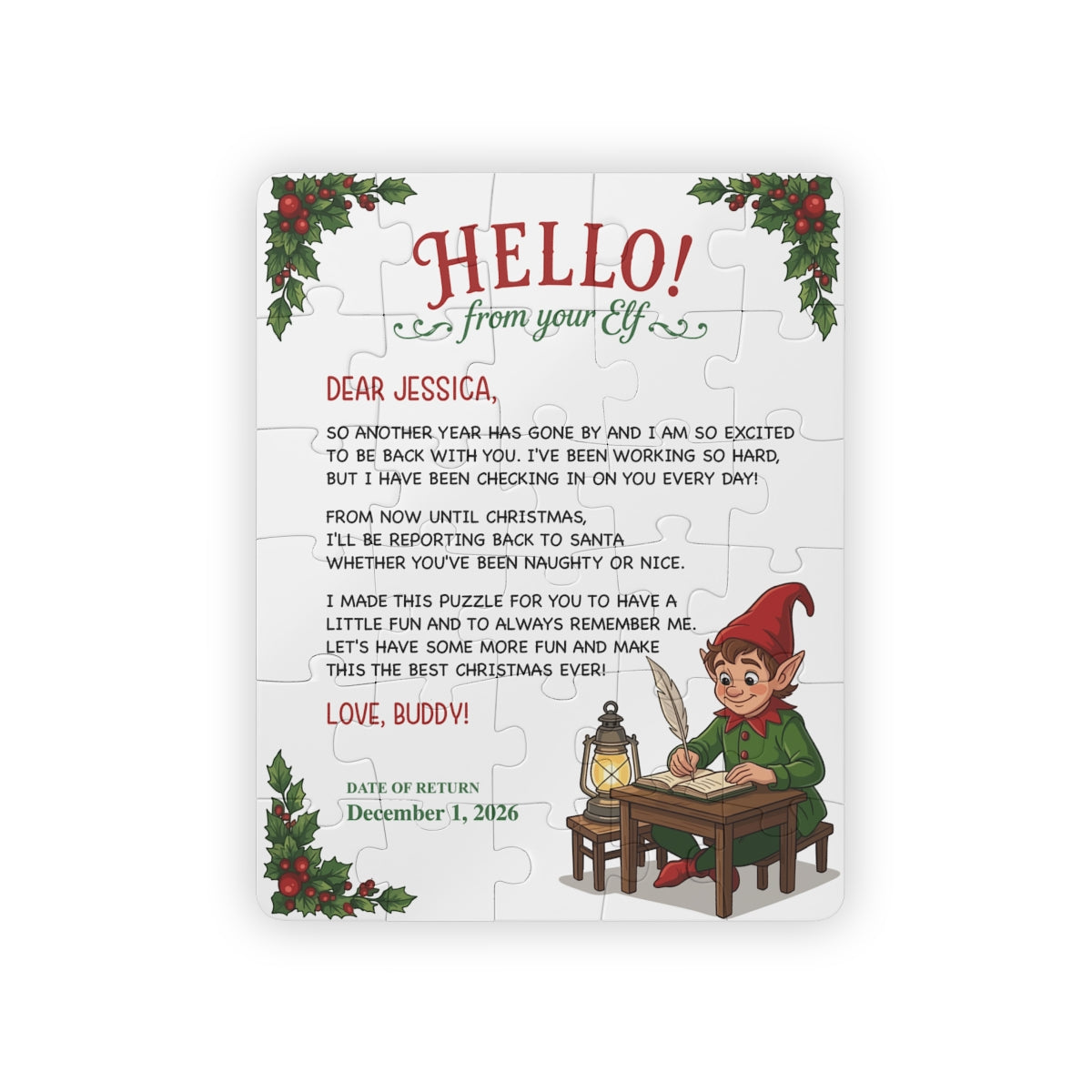 Personalized elf letter jigsaw puzzle, 30 pieces, 11 by 14 inches, assembled