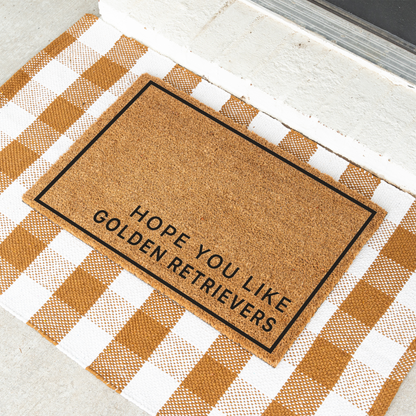 Hope You Like Golden Retrievers minimalist coir doormat with a black border