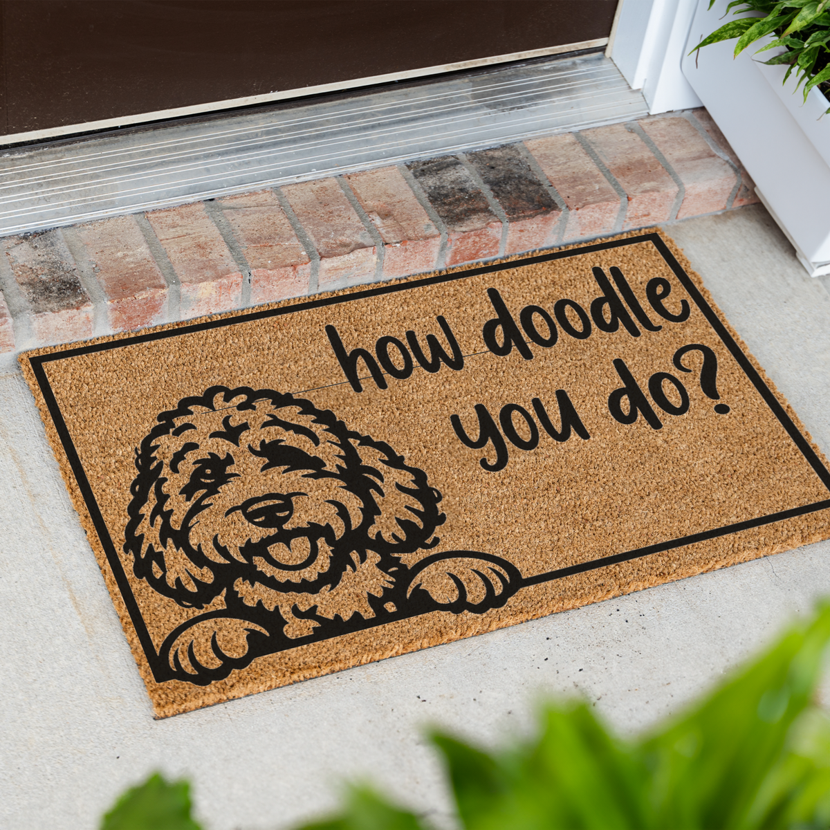 How Doodle You Do goldendoodle coir doormat with a peeking doodle