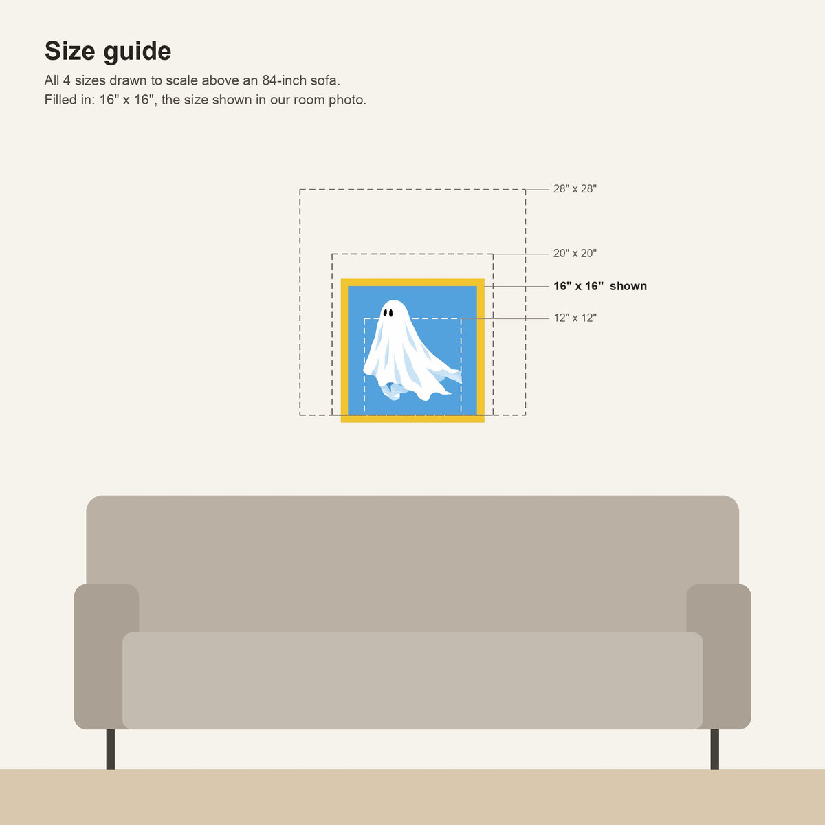 Size guide: all blue ghost framed print sizes from 12 x 12 to 28 x 28 inches drawn to scale above an 84-inch sofa