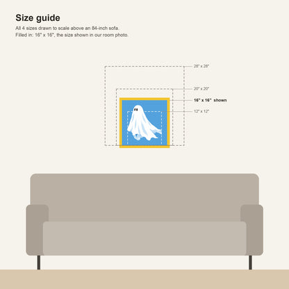 Size guide: all blue ghost framed print sizes from 12 x 12 to 28 x 28 inches drawn to scale above an 84-inch sofa