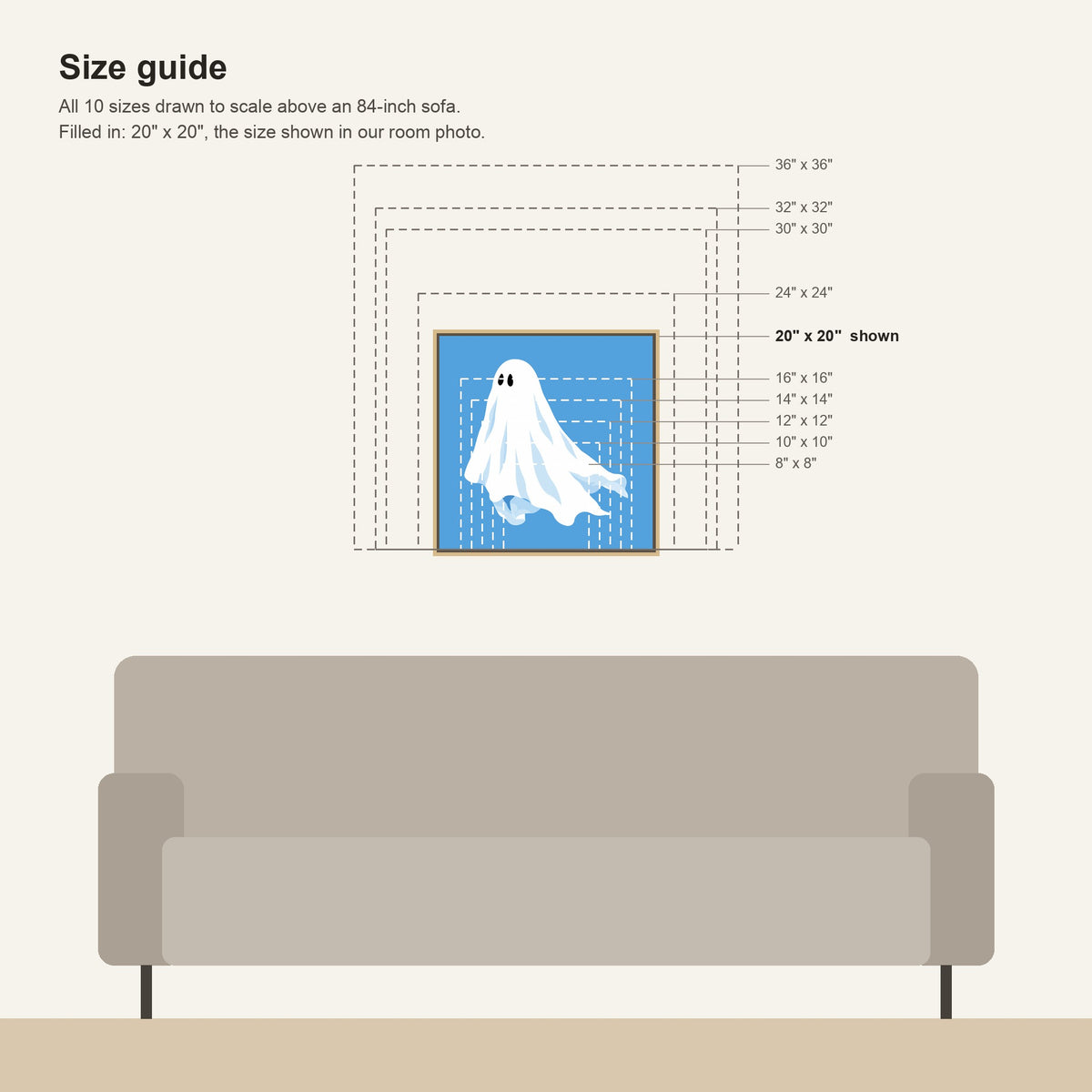 Size guide: all blue ghost canvas sizes from 8 x 8 to 36 x 36 inches drawn to scale above an 84-inch sofa