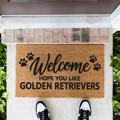 Welcome Hope You Like Golden Retrievers coir welcome mat with paw prints