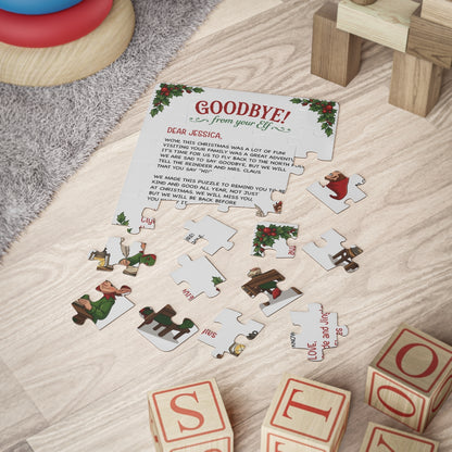 Goodbye from your Elf personalized jigsaw puzzle partly assembled beside wooden toy blocks