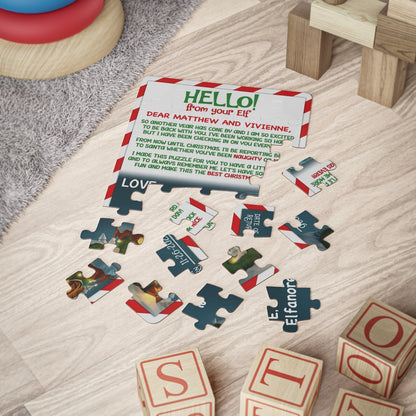 Hello from your Elf candy cane border personalized jigsaw puzzle partly assembled beside wooden toy blocks