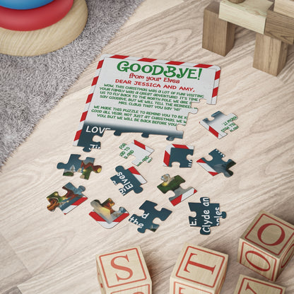 Goodbye from your Elves candy cane border personalized jigsaw puzzle partly assembled beside wooden toy blocks