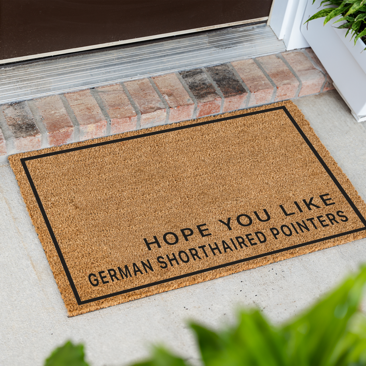 Hope You Like German Shorthaired Pointers minimalist coir doormat with a thin black border at an angle in front of a brick step