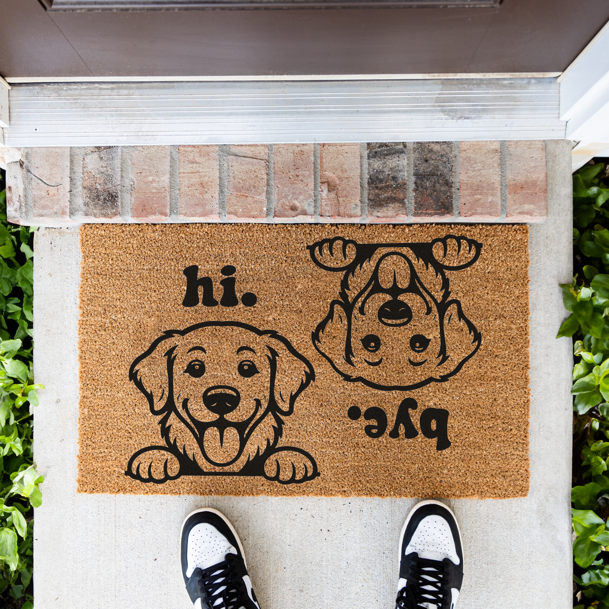 Hi Bye dog coir doormat on a front porch, top-down view