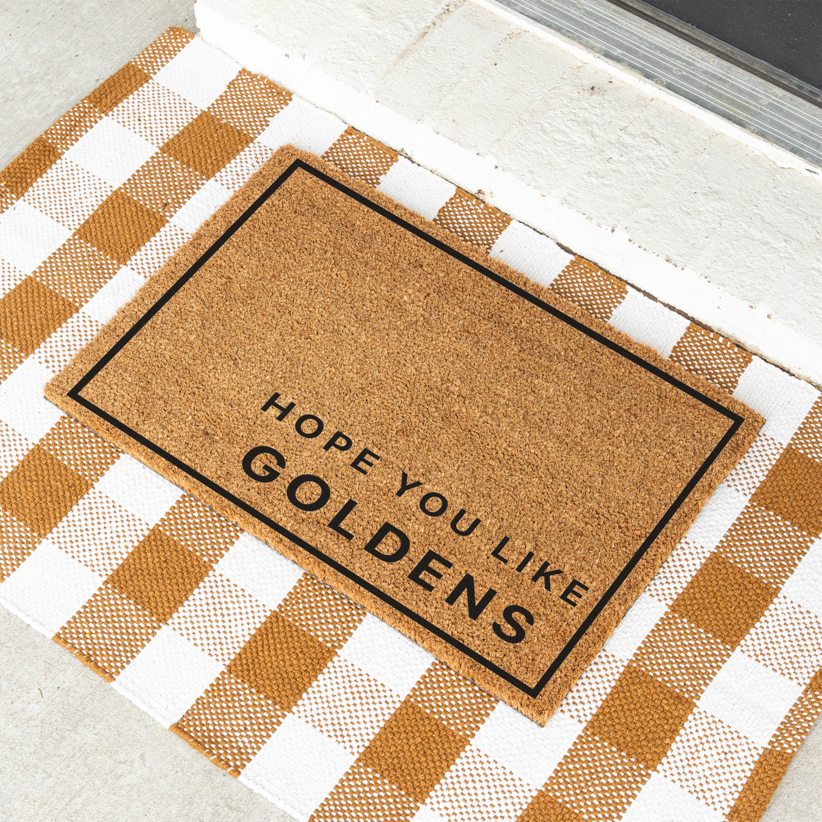 Hope You Like Goldens minimalist coir doormat with a black border