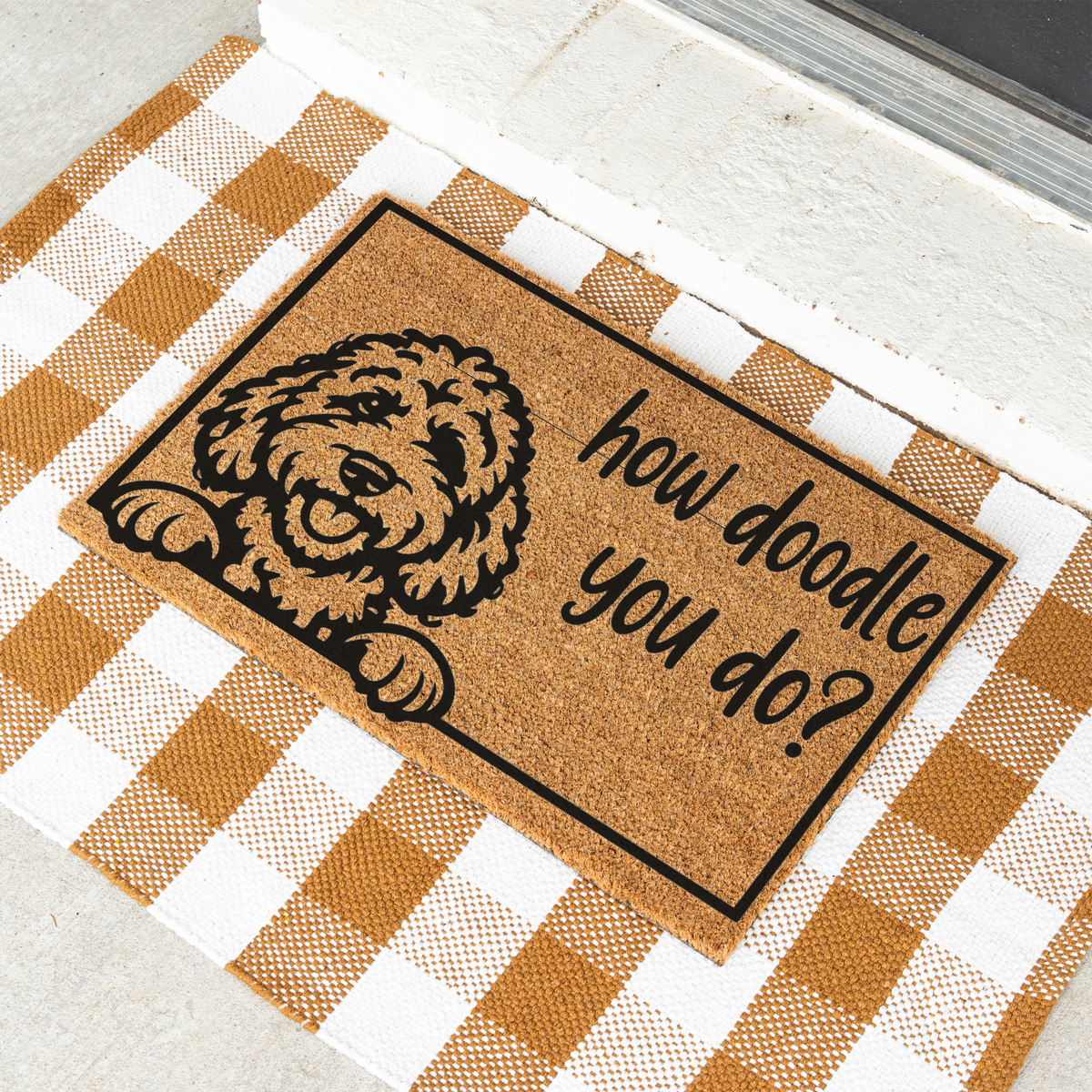 How Doodle You Do goldendoodle coir doormat with a peeking doodle